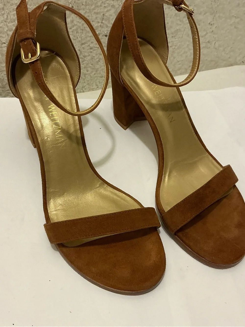 Stuart Weitzman Suede Ankle-Strap Block Heel - Cognac Brown - Picture 4 of 10